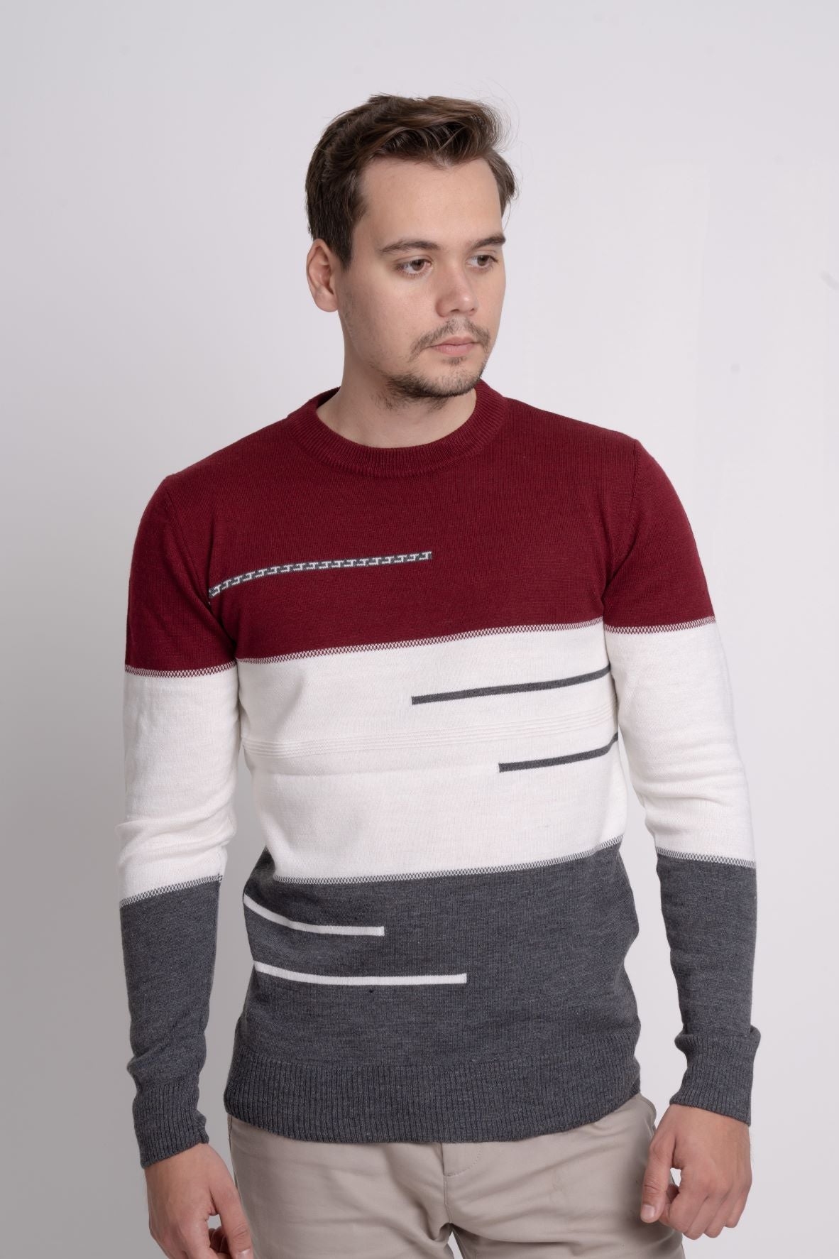 Bisiklet Yaka Üç Renkli Erkek Triko Kazak